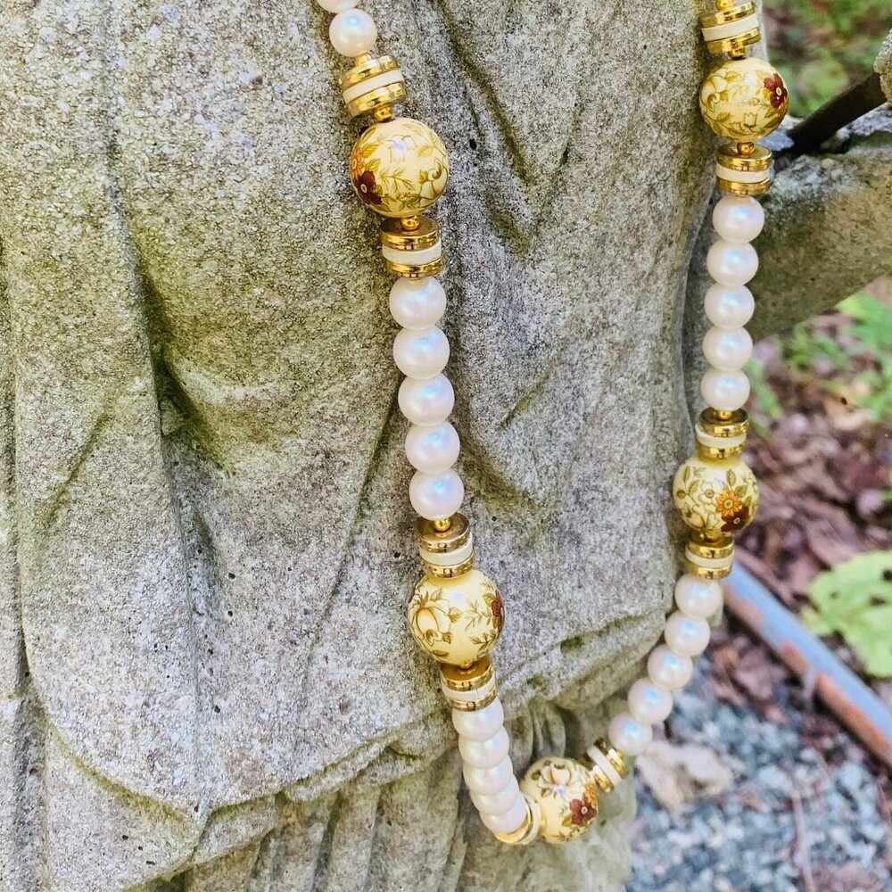 Vintage Faux Pearl Gold/Floral Orange Red Cloisonné 28" Statement Necklace